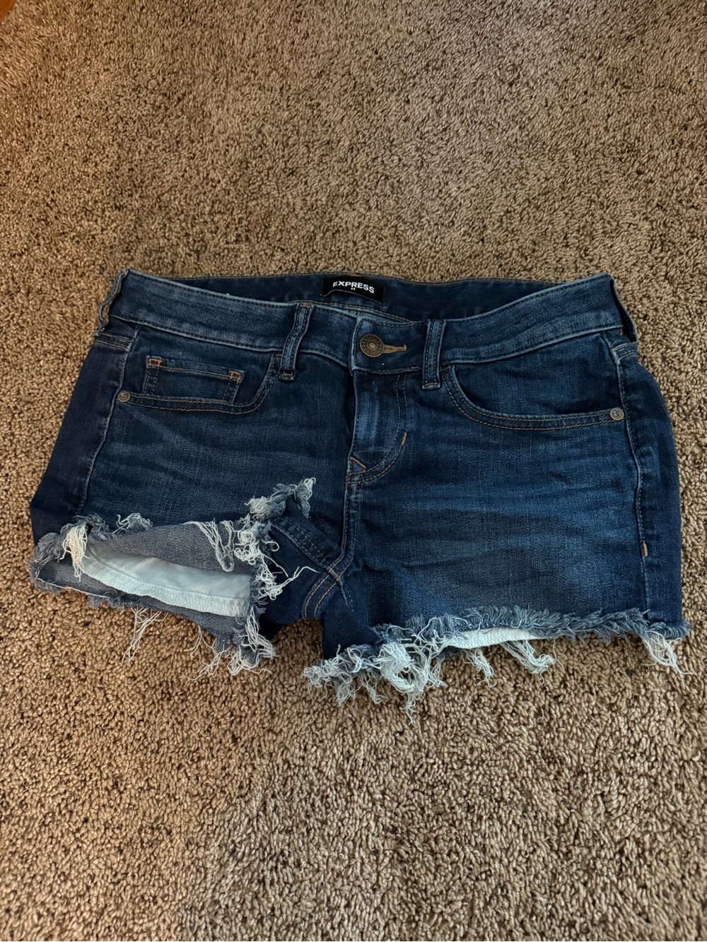 Express Dark Indigo Denim Cutoff Shorts with Frayed Hem